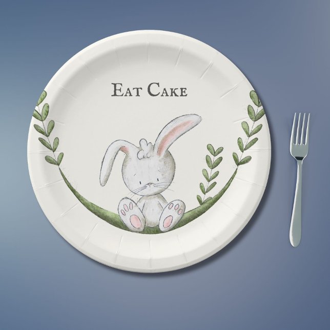 Cute White Bunny Rabbit Greenery Party Paper Plate (Creator Uploaded)