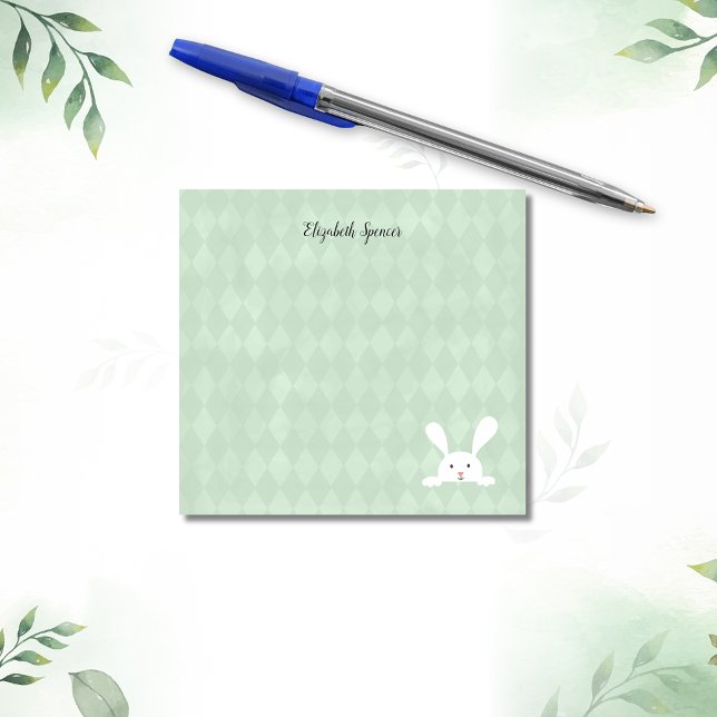 Cute White Bunny Rabbit Harlequin Pattern | Green Post-it Notes (Creator Uploaded)