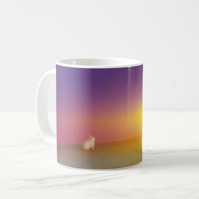 Cute White Bunny Rabbit on Grassy Hill at Sunrise Coffee Mug (Front Left)