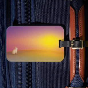Cute White Bunny Rabbit on Grassy Hill at Sunrise Luggage Tag