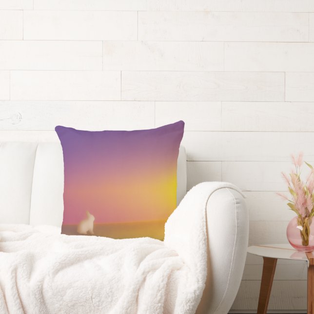Cute White Bunny Rabbit on Grassy Hill at Sunrise Throw Pillow (Couch)