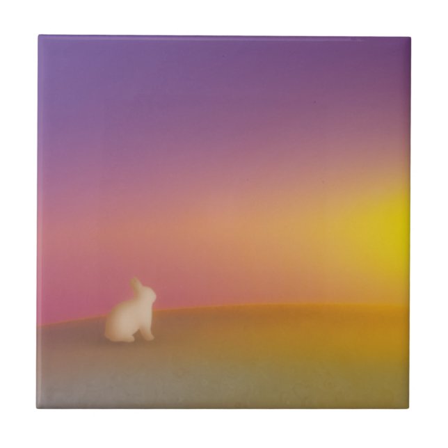 Cute White Bunny Rabbit on Grassy Hill at Sunrise Tile (Front)