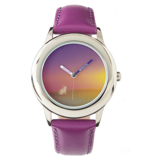 Cute White Bunny Rabbit on Grassy Hill at Sunrise Watch (Front)