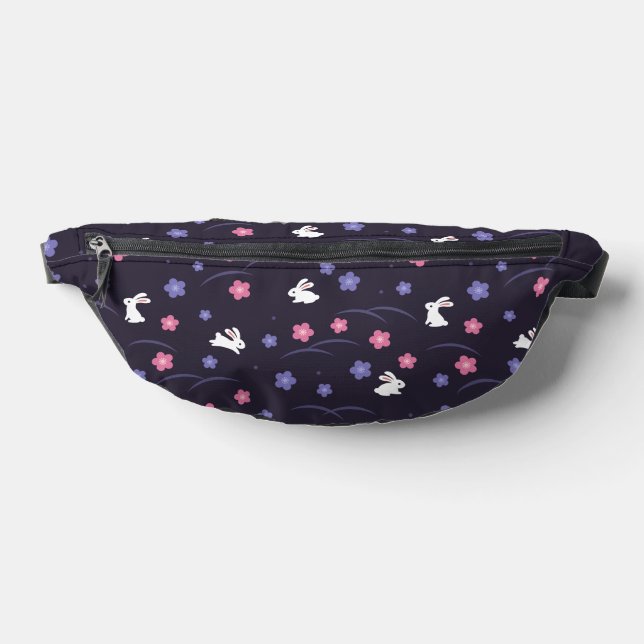 Cute White Bunny Rabbits and Flowers Pattern Fanny Pack (Lay Down)
