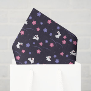 Cute White Bunny Rabbits and Flowers Pattern Tissue Paper