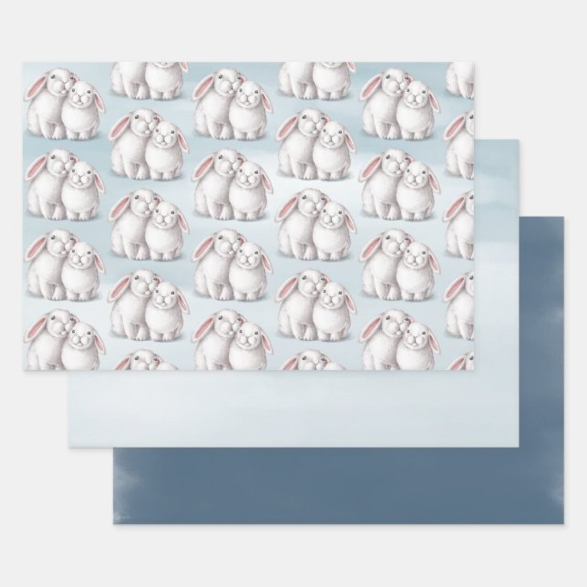 Cute White Bunny Rabbits Blue Winter Christmas  Wrapping Paper Sheet (Set)