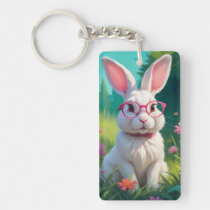 Cute White Bunny Sitting on Green Grass Keychain