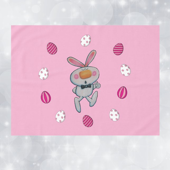 Cute White Bunny Thumbs Up Pink Dyed Easter Eggs Tablecloth (Cute white bunny orange nose thumbs up circled by pink easter eggs on light pink tablecloth.)