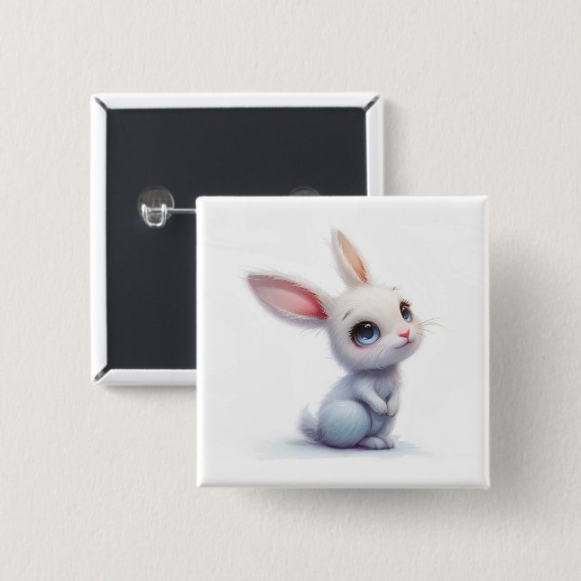Cute White Bunny with Big Blue Eyes 2 Inch Square Button (Front & Back)