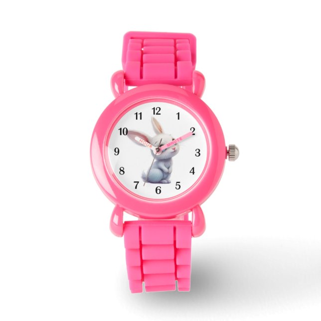 Cute White Bunny with Big Blue Eyes Black Numbers Watch (Front)