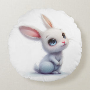 Cute White Bunny with Big Blue Eyes Round Pillow