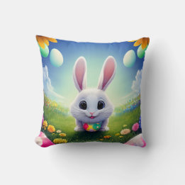 Cute White Bunny with Easter Eggs Throw Pillow