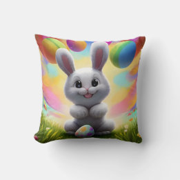 Cute White Bunny with Easter Eggs Throw Pillow