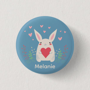 Cute White Bunny With Heart Personalised 1 Inch Round Button