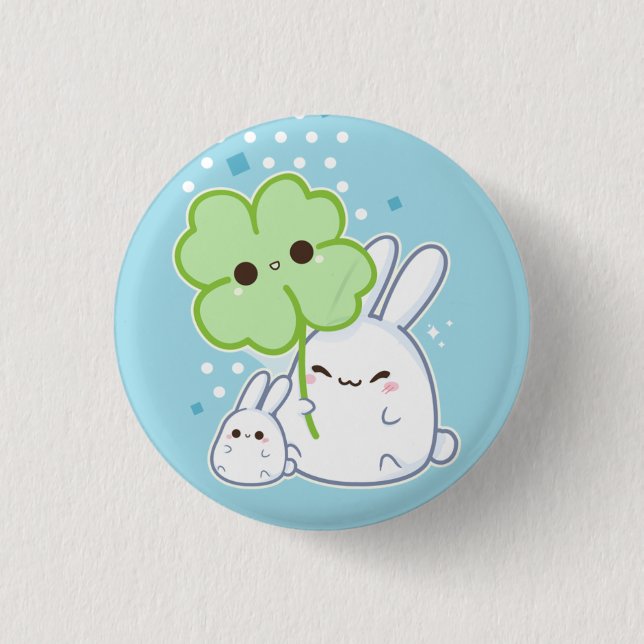 Cute white bunny with kawaii clover 1 inch round button (Front)