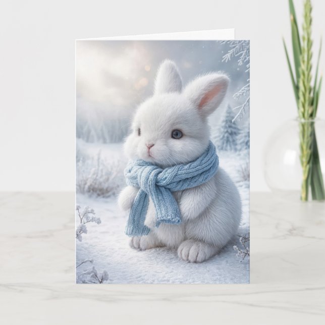 Cute White Bunny With Winter Scarf Card (Front)
