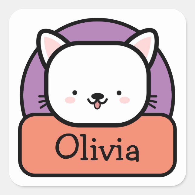 Cute White Cartoon Cat Personalized  Square Sticker (Front)