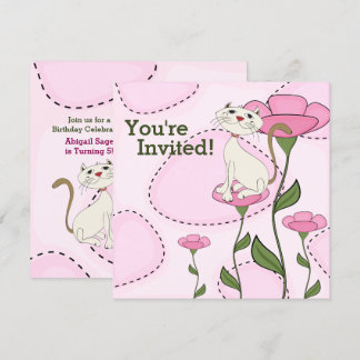 Cute White Cat and Pink Flowers Birthday Invitation
