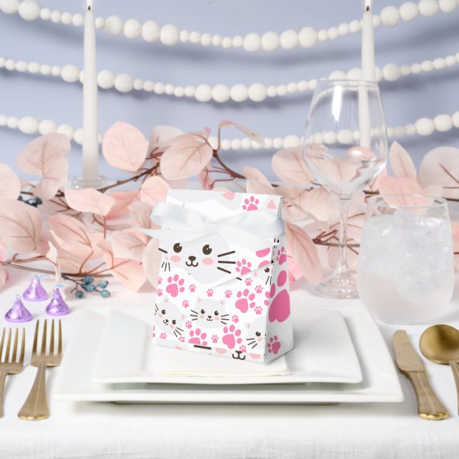 Cute White Cat and Pink Paw Favor Box (Wedding)