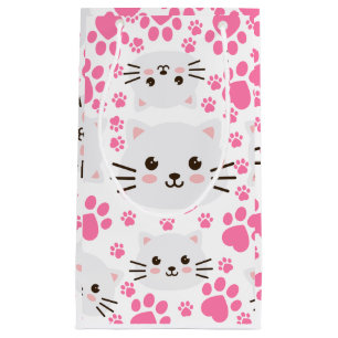 Cute White Cat and Pink Paw Small Gift Bag