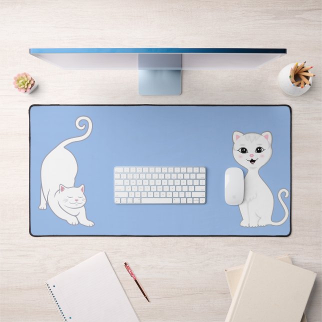 Cute White Cat Animes on Light Blue Desk Mat (Office 1)