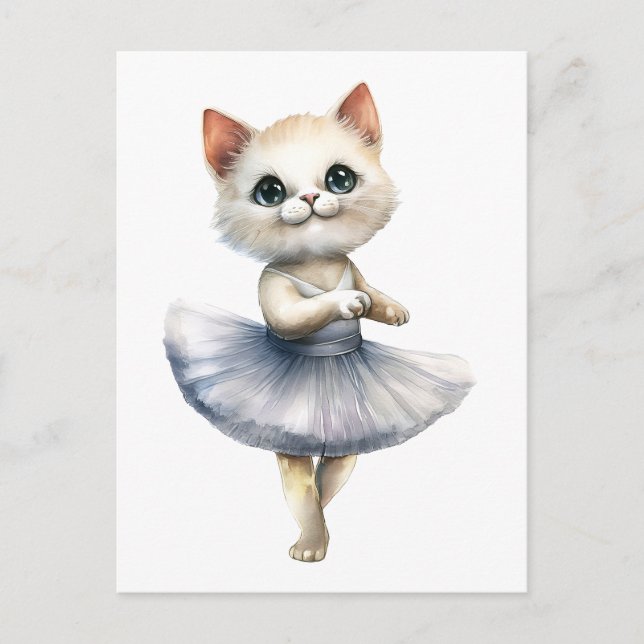 Cute white cat ballerina dancing ballet holiday postcard (Front)