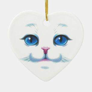 Cute White Cat Blue Eyes Face Ceramic Ornament