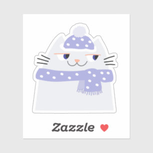 Cute White Cat Cartoon with Winter Cap and Scarf
