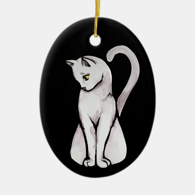 Cute White Cat Ceramic Ornament (Front)