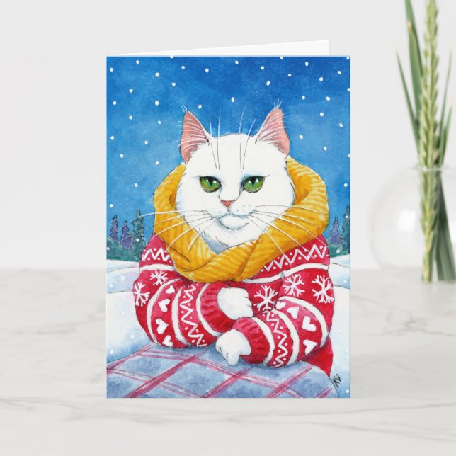 Cute White Cat Christmas or winter card (Front)