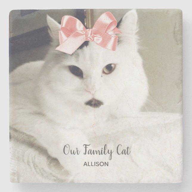 Cute White Cat Custom Photo Personalized  Stone Coaster (Front)