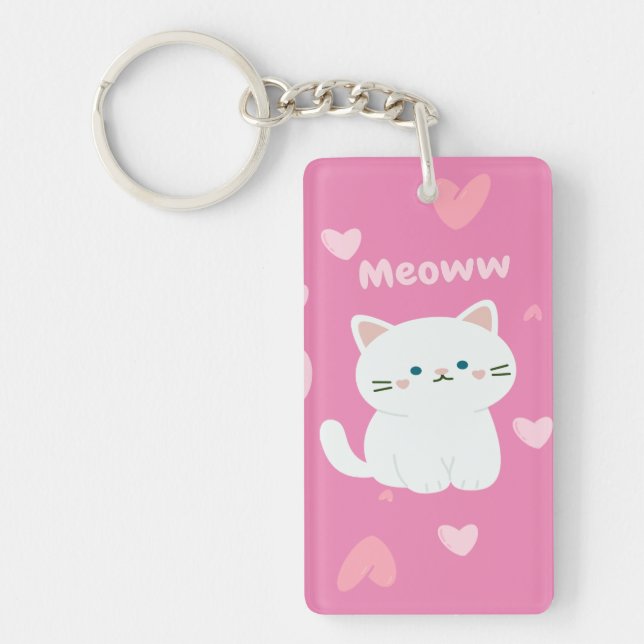 Cute White Cat Design With Pink Hearts shape Keychain (Front)