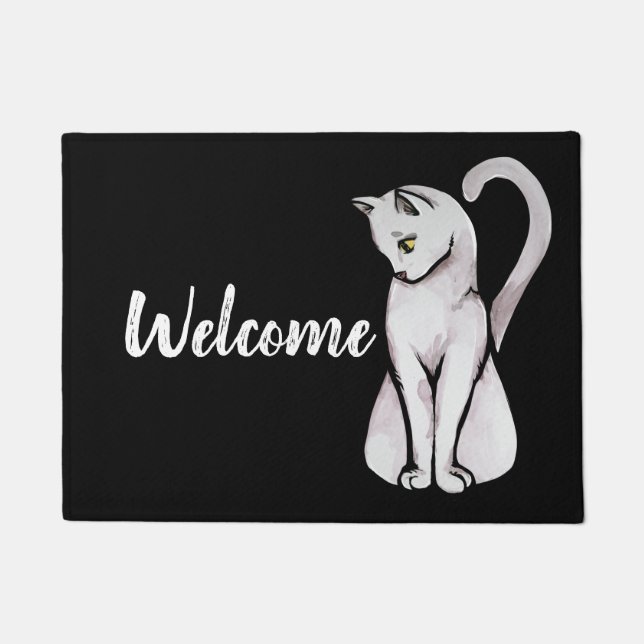 Cute White Cat Doormat (Front)