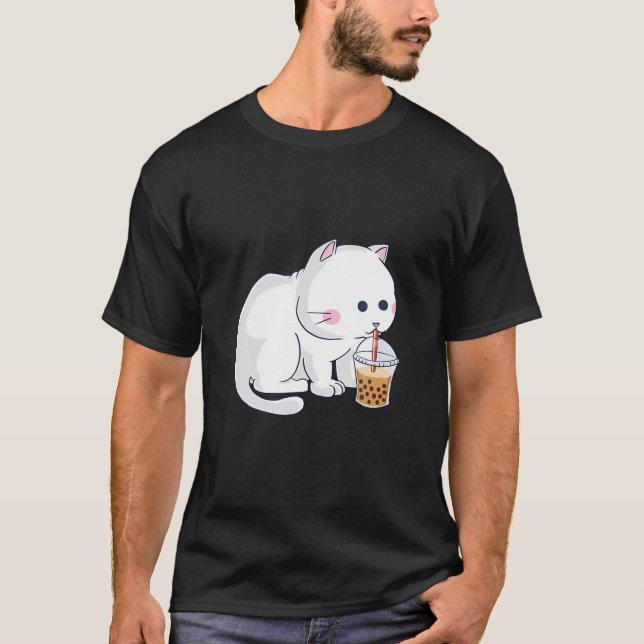 Cute White Cat Drinking Boba Bubble Tea T-Shirt (Front)