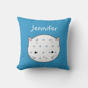 Cute White Cat Face with Blue Pattern Personalized Throw Pillow