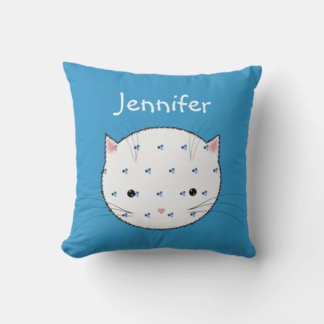 Cute White Cat Face with Blue Pattern Personalized Throw Pillow (Front)