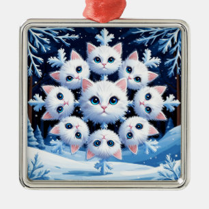 Cute White Cat Faces Arranged in a Snowflake Metal Ornament