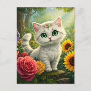 Cute White Cat  Flower Fantasy Green Eyes Postcard