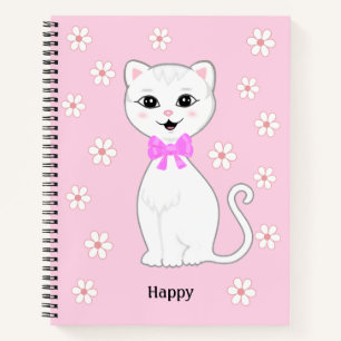 Cute White Cat & Flowers on Light Pink Notebook