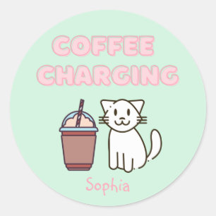 Cute White Cat&Funny Coffee Caffeine Pastel  Classic Round Sticker