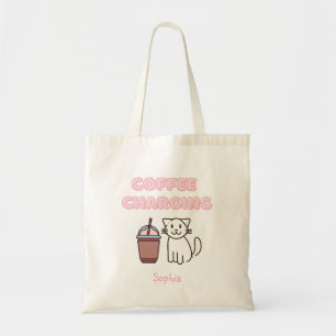 Cute White Cat&Funny Coffee Caffeine Pastel Tote Bag
