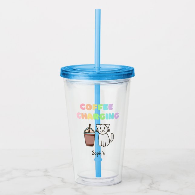 Cute White Cat&Funny Coffee Caffeine Rainbow Acrylic Tumbler (Front)