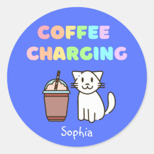 Cute White Cat&Funny Coffee Caffeine Rainbow Clas Classic Round Sticker
