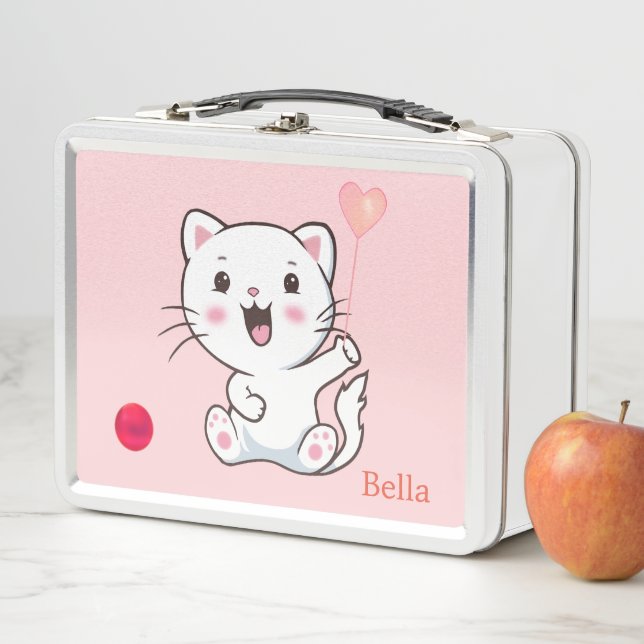 Cute White Cat & Heart Balloon on Light Pink Metal Lunch Box (In Situ)