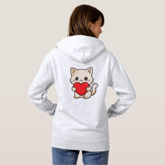 Cute White Cat Hugging a Big Red Heart - Valentine Hoodie