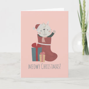 Cute White Cat in Christmas Socks Card