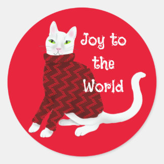 Cute White Cat in Christmas Sweater Red Classic Round Sticker