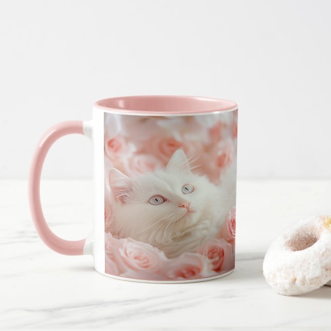 Cute White Cat in Rose Flowers Mug (With Donut)