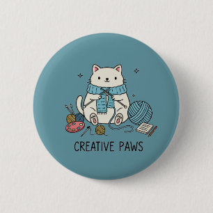 Cute White Cat Knitting Blue Yarn Hobbyist Design 2 Inch Round Button