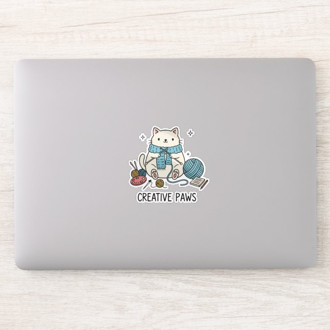 Cute White Cat Knitting Scarf Blue Yarn Graphic  (Computer)